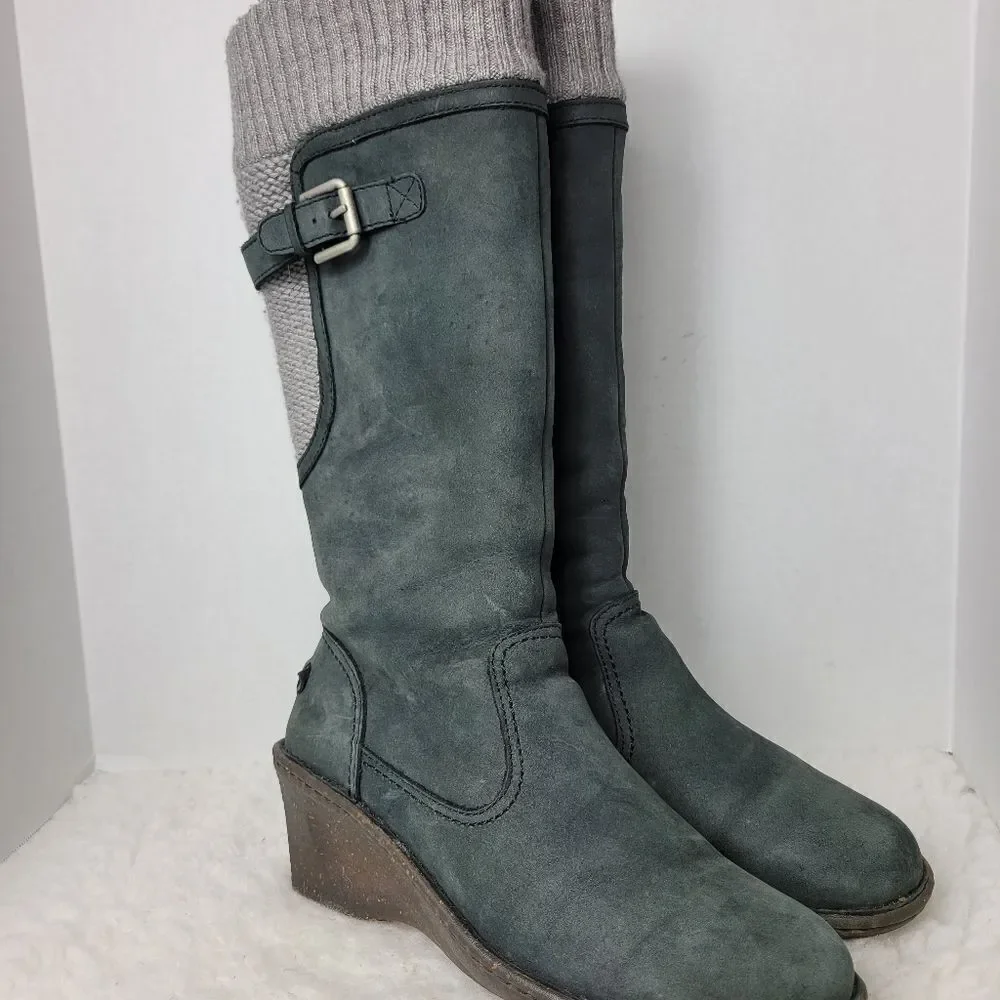 Ugg Women’s Skyfall Suede Wedge Boots Black Insulated Leather Boot 9 1006145